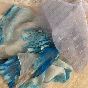 Two Blue Scarves, Light Blue with Gold Thread and Blue and White Floral